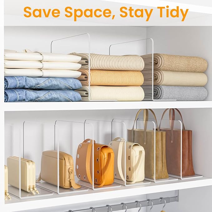 Shelf Dividers for Closet Organization – Acrylic Clear Sturdy Dividers to Keep Clothes, Sweaters & Purses Upright, Free-Standing for Wood Shelves, 10" Tall x 12" Deep, 10 Pack