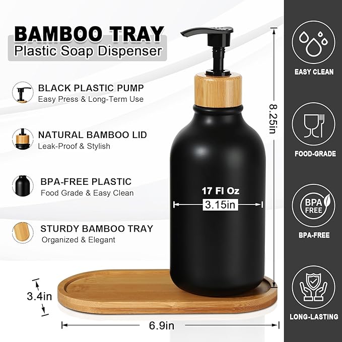 Hand and Dish Soap Dispenser Set, Plastic Kitchen Soap Dispenser Set with Bamboo Tray, 17 Fl Oz Black Soap and Lotion Dispensers Sets with 4 Pack Labels for Kitchen & Bathroom Countertop