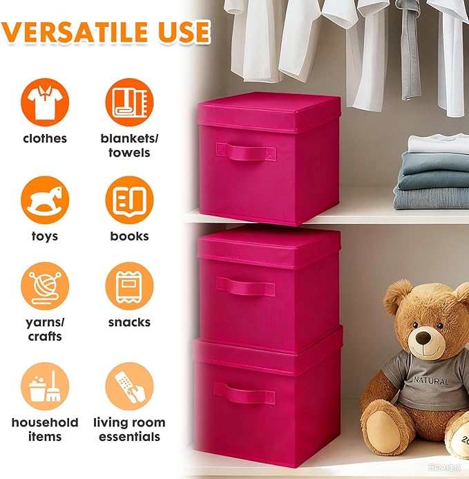 ShellKingdom Storage Bins, Foldable Fabric Storage Cubes with Lid, Clothes Storage Organizer Drawer For Closet Toys Storage, 10.5 X 10.5 X 11 INCH, 2 Pack (Fuchsia)
