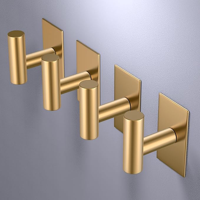VAEHOLD Wall Towel Hooks, Heavy Duty Sticky Holder Waterproof Towel Hooks for Hanging Coat, Clothes, Closet Hook Wall Mount for Kitchen (Gold, 2 Pack)