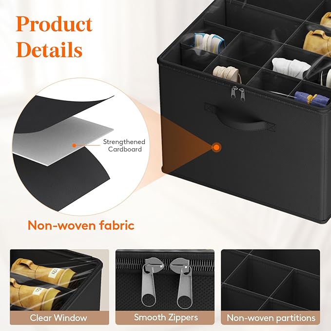 Lifewit Shoe Storage Organizer for Closet, Fabric Large Shoe Box Storage Containers with Clear Cover, Foldable Bins for Boots Heels Sneakers Fits 12-16 Pairs, 1 Pack Black