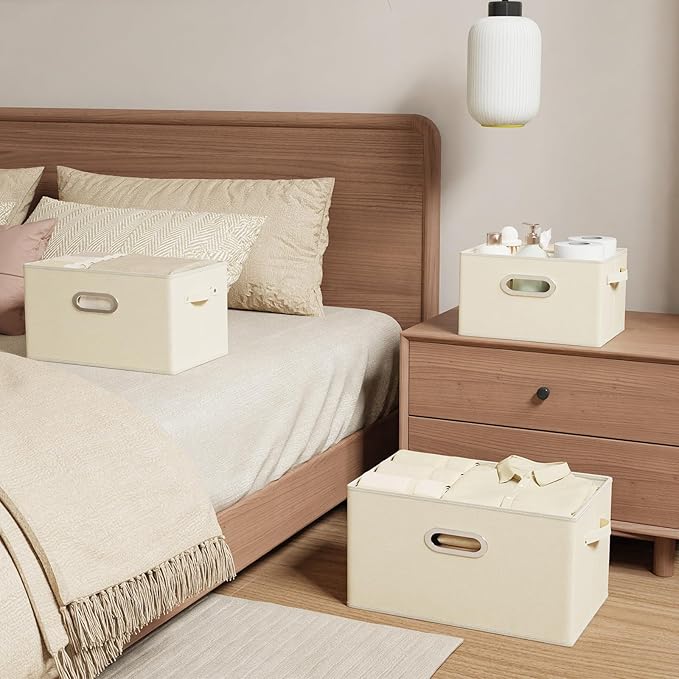 Foldable Cloth Basket with 3 Handles, Decorative Open Storage Boxes, Stackable Cube Organization, Fabric Bins for Shelves, Closet, Living Room, 15x9.8x9.8in, Beige, 4 Pack