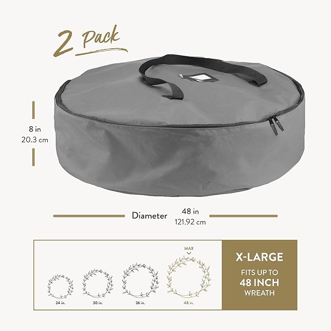 ZOBER 2 Pack Oxford Christmas Wreath Storage Container 48 Inch - Wreath Bag for Artificial Wreaths Box - Waterproof Fabric, Dual Zippered Wreaths Storage Bag With Strong Durable Handles - Gray