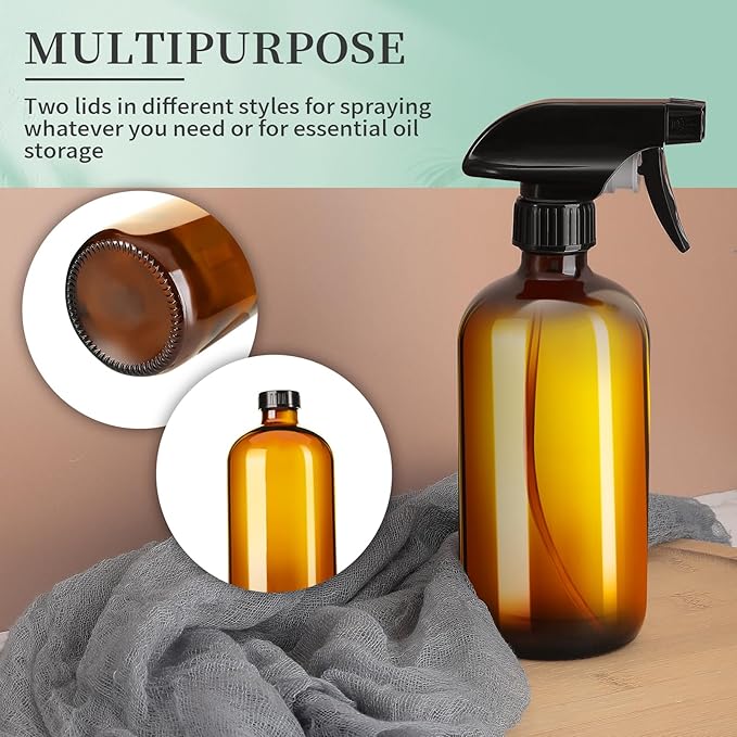 16oz Amber Glass Spray Bottles,2 Pack Glass Spray Bottles Refillable Empty Bottle with Adjustable Nozzle,Spray Bottle for Essential Oils,Cleaning,Pets,Hair Mister