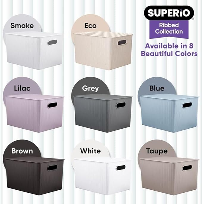 Superio Ribbed Collection - Decorative Plastic Basket Open Home Storage Bins Organizer, Blue Containers for Organizing Closet Storage Bins for Shelves (Bin with Lid- Extra Large (22 Liter), 2 Pack)