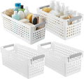 4 Pack Slim Plastic Storage Baskets with Handles,White Rectangular Small Plastic Baskets,Narrow Storage Bins for Organizing, Kitchen,Home,Office