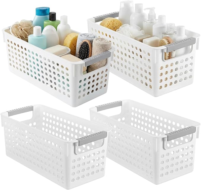 4 Pack Slim Plastic Storage Baskets with Handles,White Rectangular Small Plastic Baskets,Narrow Storage Bins for Organizing, Kitchen,Home,Office