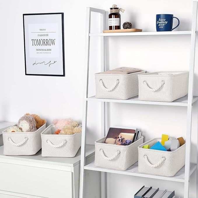 Bidtakay Small Storage Baskets for Shelves Set of 6 Biege Fabric Storage Bins for Organizing Linen Collapsible Organizer for Closet Nursery Clothes Toys 11.8 X 7.8 X 5 Inches