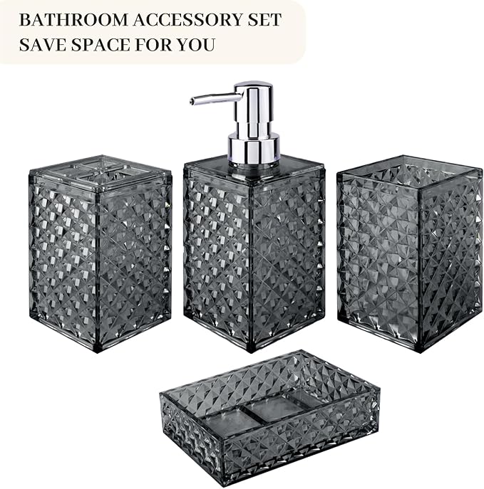 Bathroom Accessory Set, Grid Pattern 4 Pcs Plastic Bathroom Set Include Soap Dispenser, Soap Dish, Toothbrush Holder, Mousewash Cup, Modern Bahtroom Décor Set, Space Save for Bathroom((Grey)