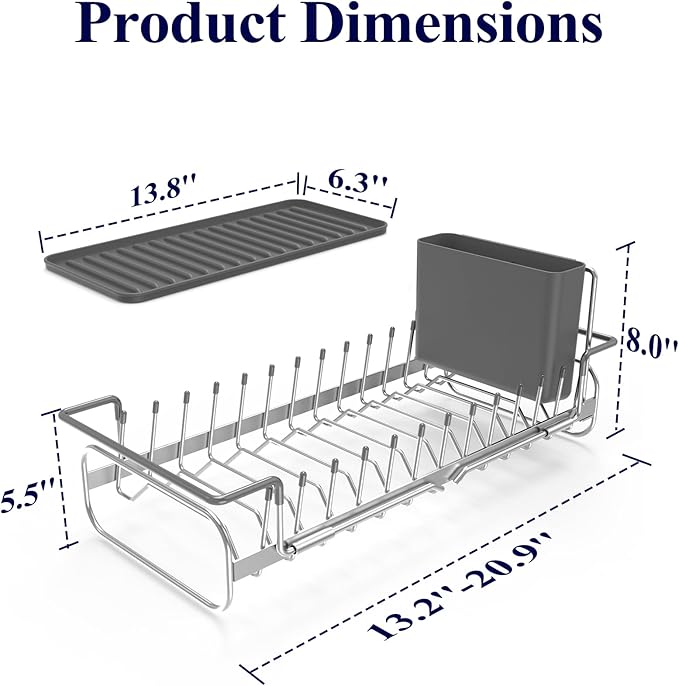 Kitsure Dish Drying Rack - Expandable Dish Rack for Kitchen Counter, Over Sink Or in Sink, Space-Saving Plates Dryer with Cutlery Holder & Drip Tray, 14.0"-20.9" L x 6.3" W x 8.0" H, Sliver