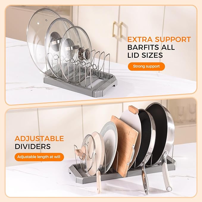 Adjustable Pot Lid Organizer Rack, 9 Compartments Cabinet Storage Holder for Pots, Pans, Lids, Cutting Boards, Bakeware