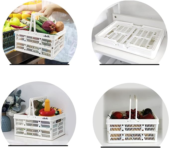 Plastic Basket Storage Crates,2-pack Plastic Baskets for organizing,Collapsible Shopping Basket,Foldable Crate with Handles,Collapsible Crate for Car,Kitchen,Bathroom,Medicine Grocery