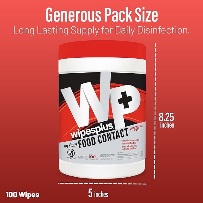 WIPESPLUS No-Rinse Food Contact Wipes Canister Multi-Surface Wipes, Unscented for Home and Business, 100, (1 Pack of 100)
