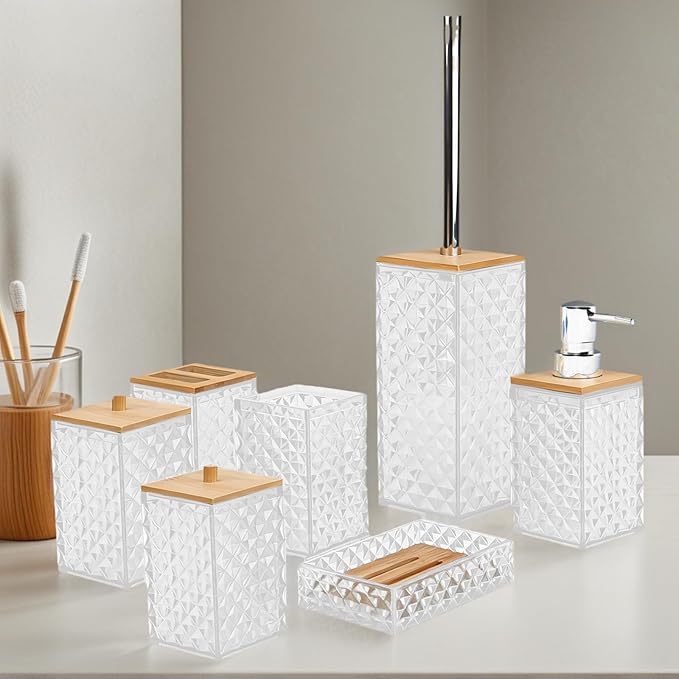 Bathroom Accessory Set,7 Pcs White Bathroom Set Include Soap Dispenser, Qtip Holder Dispenser, Soap Dish,Toilet Brush,Toothbrush Holder & Mouthwash Cup.Boho Bathroom Set