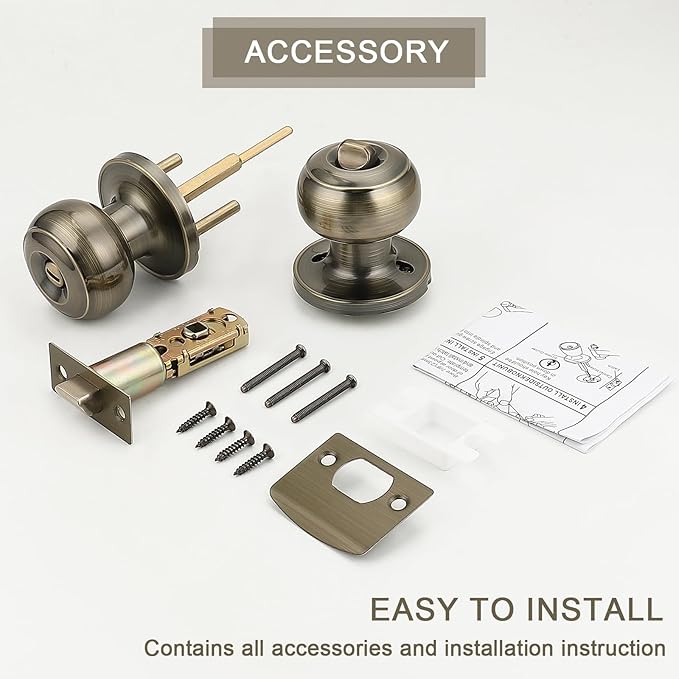 Probrico Privacy Door Knobs Lock Interior Bedroom Bathroom Door Handle Antique Brass Round Ball Keyless Lockset 2 Pack