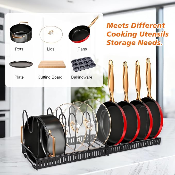 Pot and Pan Organizer Rack for Under-Cabinet Storage - Adjustable Kitchen Cabinet Organizer with 13 Dividers, Expandable Cutting Board Holder & 6 Non-Slip Silicone Pads-Black