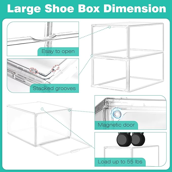 1 Pack Drop-Front Clear Shoe Storage Box Acrylic Box Shoe Organizer Size 13, Stackable Shoe Tower with Magnetic Door Large Storage Bins for Sneaker Containers Display & Closet Organization
