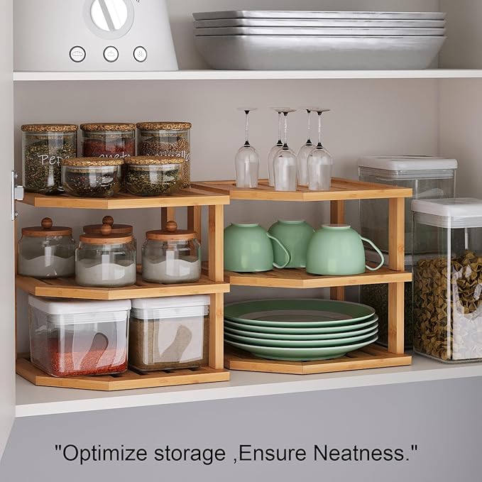 3 Tier Bamboo Corner Shelf(2 Pack),Dish Drying Rack,Plate Organizer,Kitchen Spice Rack for Countertop and Cabinet