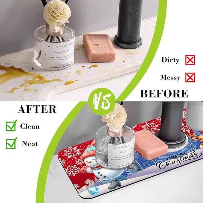 Chrismas Sink Splash Guard Faucet Mat Christmas Absorbent Fast Drying Mat Sink Gadgets Splash Guard Behind Faucet Drip Catcher for Kitchen Bathroom 15.5"X5.5"