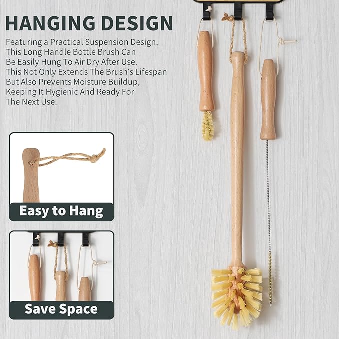 Natural Bottle Brush Set 3-in-1-13.7 Inch Long Handle Wooden Bottle Brush for Cleaning, Water Bottle Cleaner Brush for Cups & Wide Mouth Jars
