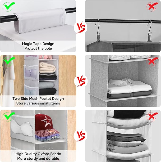 PetsHome 4-Shelf Hanging Closet Organizer, Space Saver, Closet Hanging Storage Shelves with Mesh Pockets & Magic Tap for Storage, Foldable-Grey