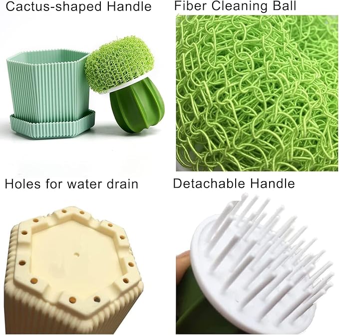 Kitchen Cleaning Brush Set with Holder & Drip Tray – 3 Head Cactus Scrub Brush, Row Brush, Mini Dish & Pot Brushes – Durable Multi-Purpose Scrubbers for Sink, Pans, Plates, Cups (Green)