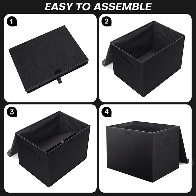 Large 42 Quarts Fabric Storage Bins with Lids [2-Pack] Linen Collapsible Foldable Storage Cubes, Closet Organizer Containers boxes with Handles for Home Office (16.7 x 12 x 12, Black)