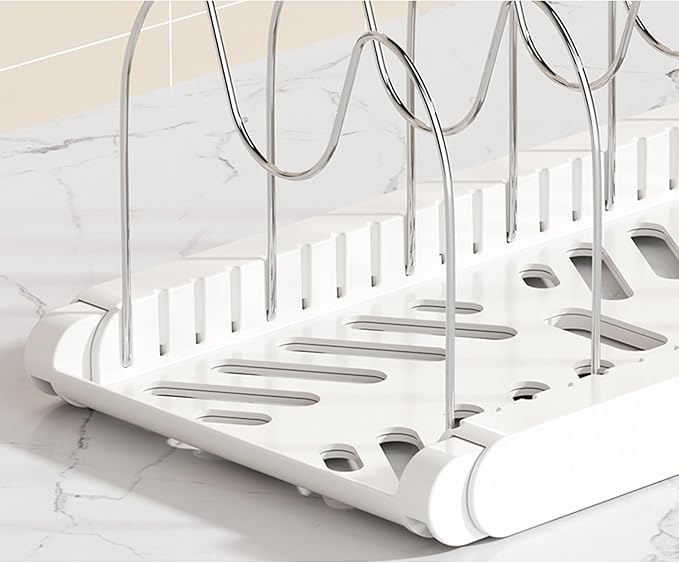 Expandable Pot and Pan Organizer Rack with 7 Stainless Steel Adjustable Shelves, for Neatly Storing Cookware, Pots, Pans, Lid(White)