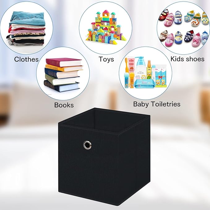 Black Fabric Cubes Storage Containers ,11 Inch Cloth Storage Cube Foldable Storage Bins Cubes Organizer Baskets with Dual Handles for Shelf Closet Set of 6,(Black)