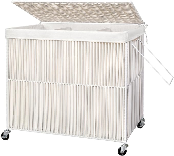 WOWLIVE Laundry Hamper with Wheels, 160L Handwoven Rolling Laundry Basket 3 Section with Lid, Clothes Hamper with 3 Removable Liner Bags, Large Laundry Sorter Laundry Room Organization, Creamy White