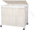 WOWLIVE Laundry Hamper with Wheels, 160L Handwoven Rolling Laundry Basket 3 Section with Lid, Clothes Hamper with 3 Removable Liner Bags, Large Laundry Sorter Laundry Room Organization, Creamy White
