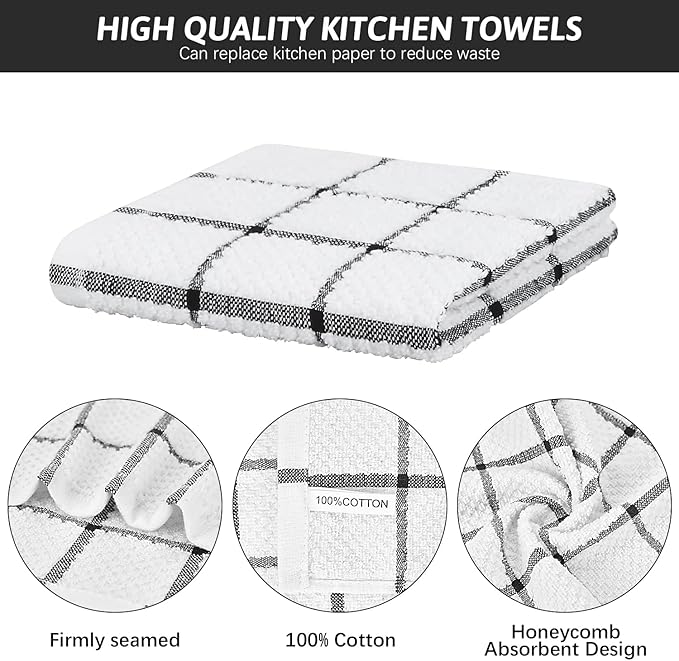 Nialnant 18 Pack Kitchen Towels, 100% Cotton Dish Towels for Kitchen, Absorbent Dish Cloth for Washing Dishes, Quick Drying Dish Rags, Multipurpose Cleaning Rags-12x12 Inches,Black Plaid