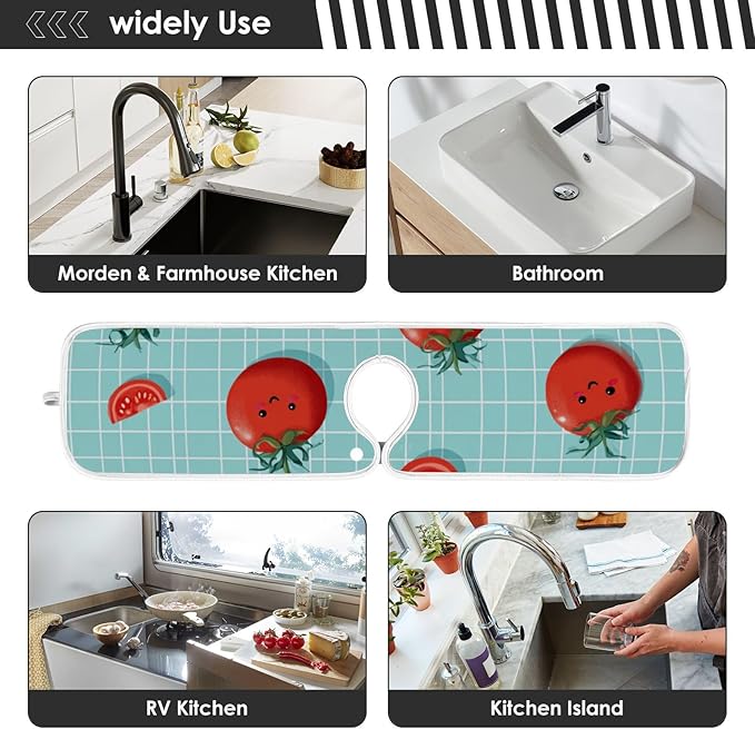 Sink Faucet Absorbing Mat Kitchen Sink Splash Guard Splash Faucet Drip Catcher for Bar RV Bathroom 2PCS 14.9x5.5in Green Grid Cute Tomato