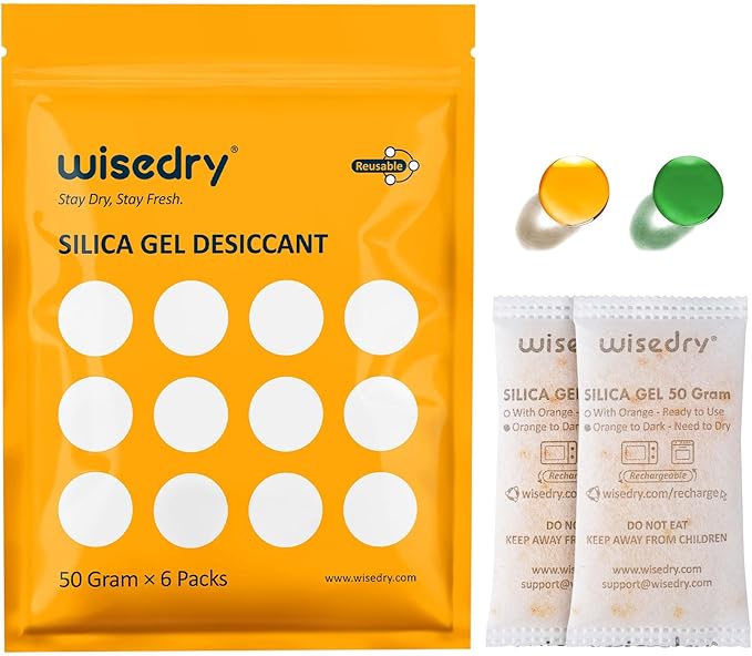 wisedry 50 Gram [6PACKS] Rechargeable Silica Gel Desiccant Packets Fast Reactivate Desiccant Bags Orange to Green indicating for Air Dryer Food Grade