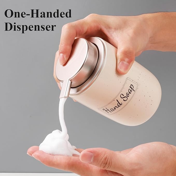 BosilunLife Foaming Soap Dispenser Set - Apricot Ceramic Foam Hand Soap Dispenser 12oz with Rust Proof Pump, Easy Pressing & Refillable,4Pcs Clear Stickers for Kitchen, Bathroom - 2 Pack