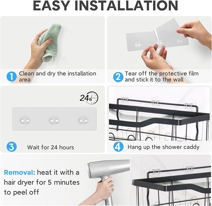 Lsnisni 4 Pack Shower Caddy Adhesive Replacement, Strong Adhesive Hooks for Shelf, Waterproof Shower Adhesive Strips, No Drilling, for Bathroom Storage Shelves and Kitchen Racks