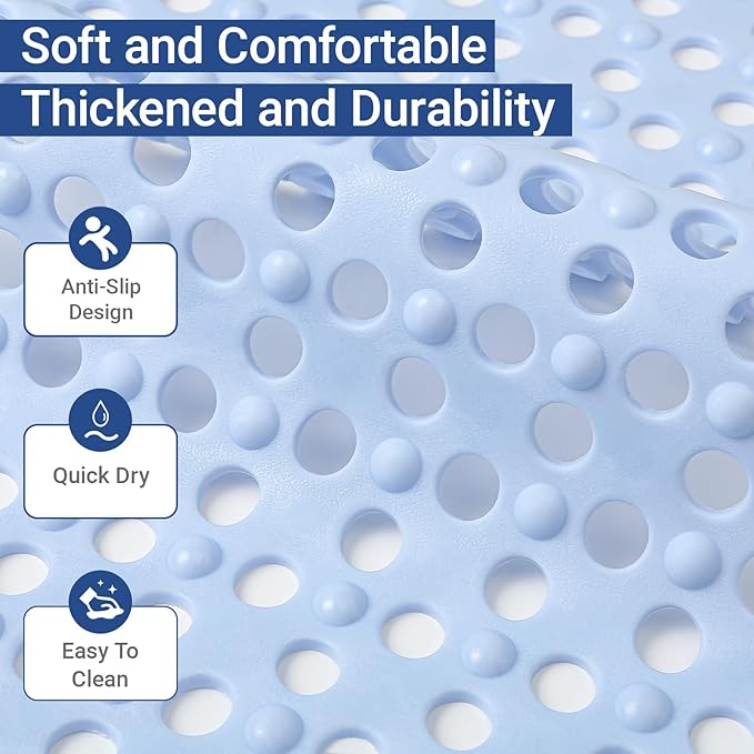 BREELEAM Non Slip Bathtub Mat and Shower Mat 31x17 inch,Bath Mat with Quick Dry Drain Holes and Suction Cups, Soft Comfortable Safe Bathroom Mat for Bath Tub, Floor, Tile (Light Blue)