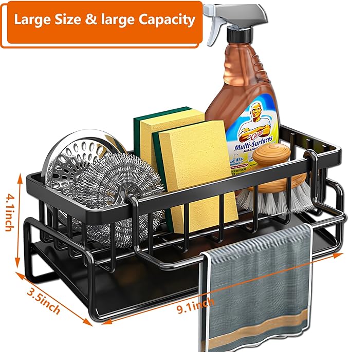 Kitchen Sink Organizer Caddy, Stainless Steel Sink Sponge Holder 30°Tilt Self-Drainage,Sponge Rack with Dish Brush Holder,Soap Dispenser for Kitchen Countertop Storage,9.1x4.1x3.5 Inch