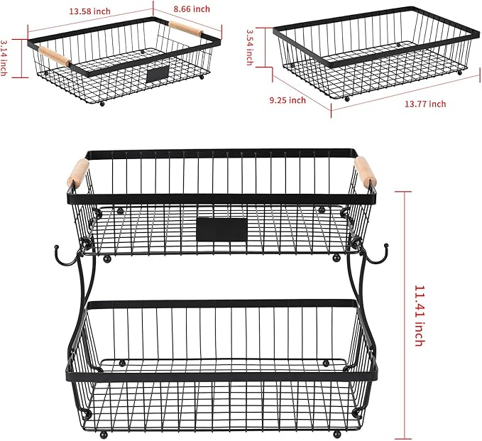 Fruit Basket Bowl 2 Tier Detachable with 2 Banana Hangers, Fruit Stand Holder for Kitchen Countertop, Metal Wire Vegetable Storage Organizer, for Bread Snack Veggies Produce, Black