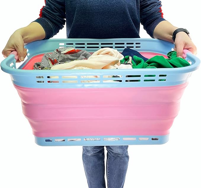 SAMMART 42L (11 Gallons) Collapsible Plastic Laundry Basket - Foldable Pop Up Storage Container/Organizer - Portable Washing Tub - Space Saving Hamper[BPA Free] (Cool Blue/Maglia Rosa (Set of 2))