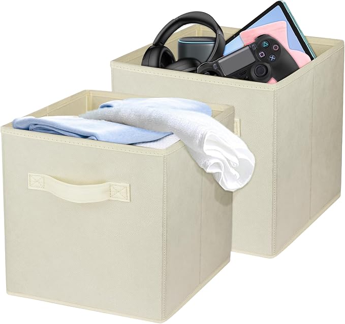 2 Pcs Storage Cubes, 10.5 Inch Collapsible Storage Bins, Fabric Foldable Bins for Organization, Durable Storage Bins for Closet, Shelves, Offices (Beige)