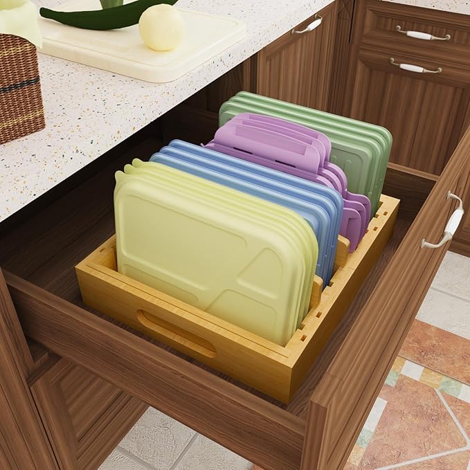 Lid Organizer for Cabinet – Bamboo Kitchen Storage for Plastic Lids, Adjustable Drawer Dividers, Food Container Organizer (Fits Cabinets & Drawers) (Extra Large)