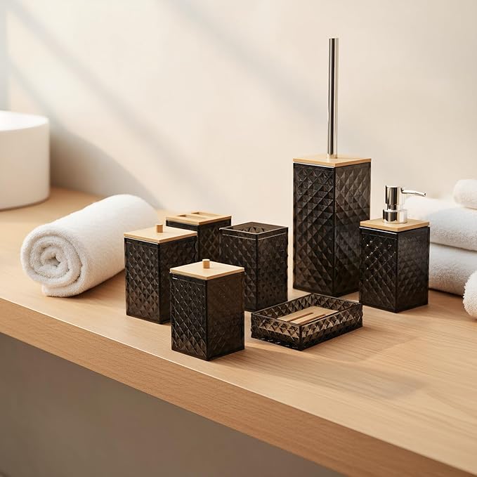 Bathroom Accessory Set,7 Pcs Black Bathroom Set Include Soap Dispenser, Qtip Holder Dispenser, Soap Dish,Toilet Brush,Toothbrush Holder & Mouthwash Cup.Boho Bathroom Set