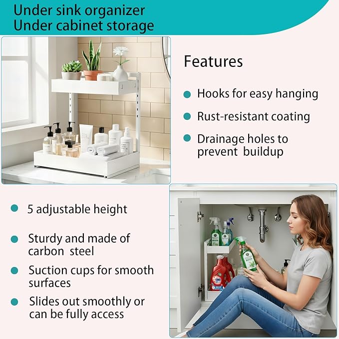 Under Sink Organizer, Bathroom Counter Organizer, 2 Packs 2-Tier Metal, Under Cabinet Storage, Makeup Storage, Adjustable Height & Slide-Out Drawer for Kitchen Bathroom Dorm Shop Office, White