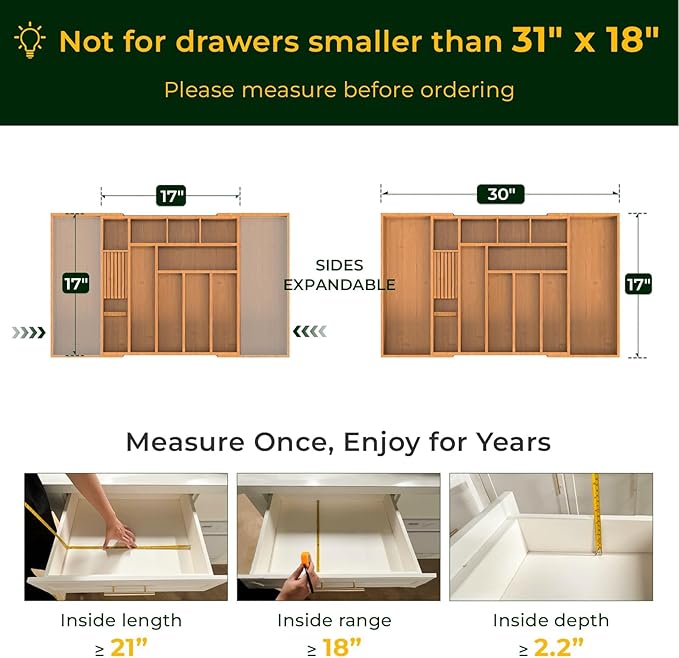 Carbonized Large Bamboo Kitchen Drawer Organizer, 12 Slots Expandable Silverware Organizer, Utensil Holder & Cutlery Tray, 2.5" Deep for Extra Capacity, Non-Slip Feet Included