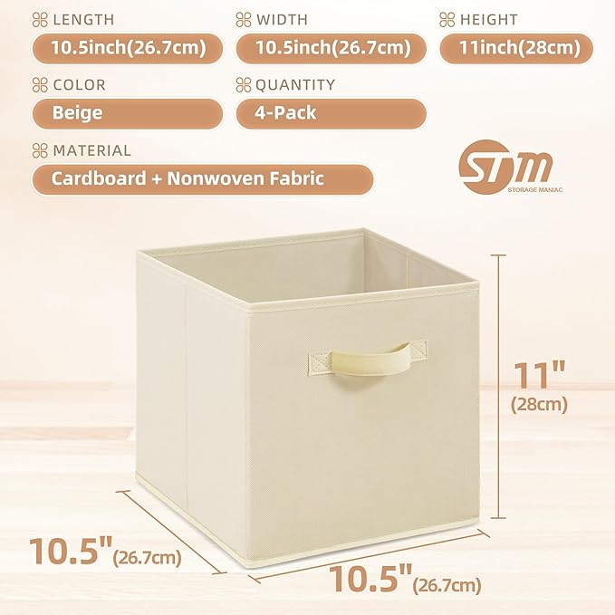 STORAGE MANIAC Storage Cubes, 11 Inch Collapsible Storage Bins with Handles, 4 Pack Fabric Foldable Bins for Organization, Durable Storage Bins for Closet, Shelves, Offices, Toys, 4-Pack Beige