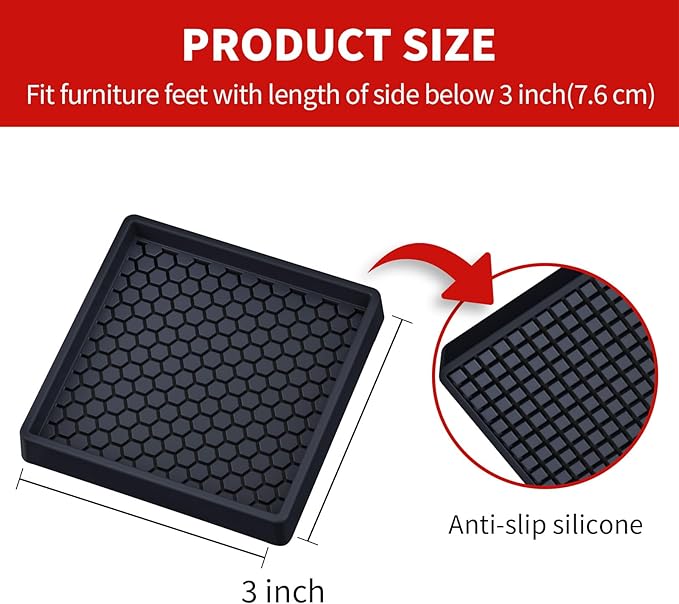 Ezprotekt Non Slip Furniture Pads, 4 Pcs 3" Anti Skid Rubber Furniture Caster Cups, Anti-Slip Furniture Coasters for Hardwood Floors, Anti Slide Floor Protectors for Bed Couch Stoppers (Black)