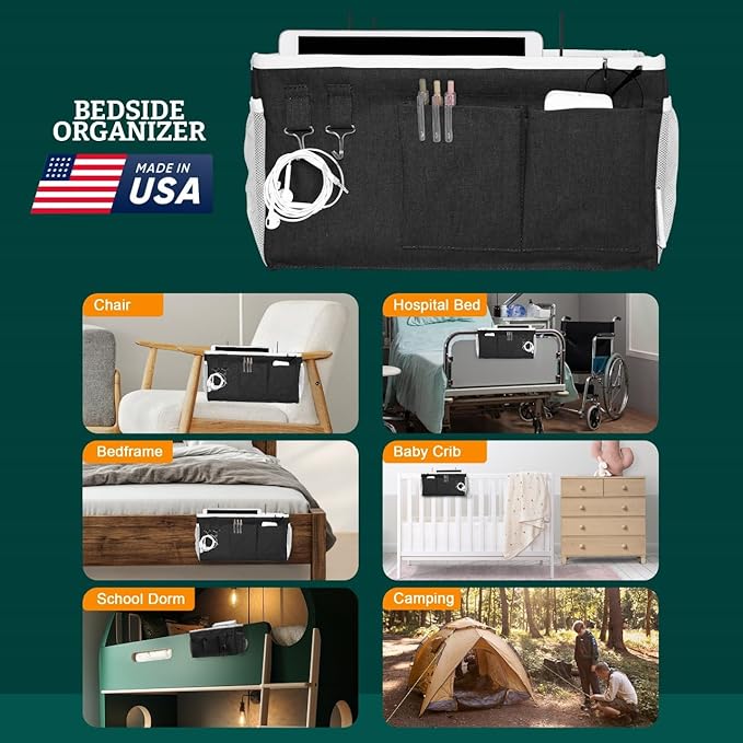 Bedside Caddy Organizer Hanging Storage Bag with Pockets for Books, Magazines, Phone, Tablet & Water Bottle – 2-Pack Bedside Storage for Dorm Rooms, Bunk Beds, Hospital Beds & Cribs, Black