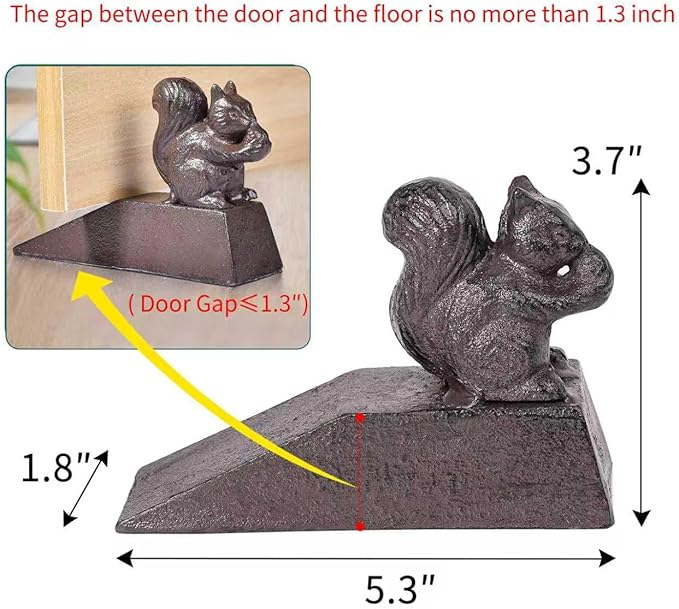Sungmor Heavy Duty Cast Iron Squirrel Door Stops | Decorative Cute Animal Statue Metal Door Stopper Wedge with Non-Slip Mat | Solid & Antique Style Windproof Door Holder for Patio Garden Farmhouse