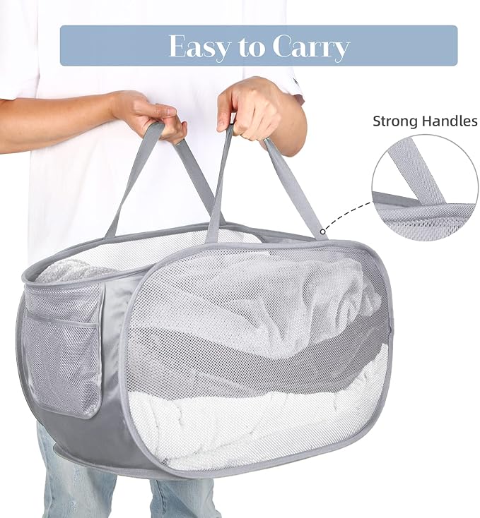 Durable Collapsible Laundry Baskets, Mesh Pop Up Laundry Hamper with Side Pocket, Foldable Clothes Hamper with Reinforced Carry Handles for Laundry, Bathroom, Kids Room, Dorm or Travel 2 Pack Grey